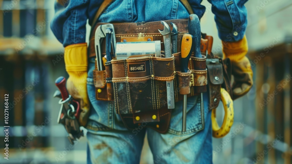Close-up of a construction worker with a bag and tools kit worn on the waist. A maintenance worker with tools in a tools belt and artisan equipment. Close-up of a construction worker with a bag and tools kit worn on the waist. A maintenance worker with tools in a tools belt and artisan equipment.
