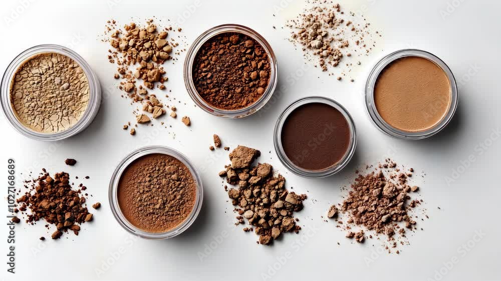 Six shades of loose powder makeup are displayed on a white surface Six shades of loose powder makeup are displayed on a white surface