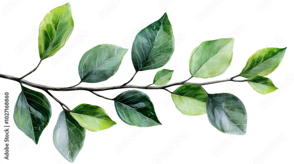 Fototapeta premium Lush green branch with diverse leaves isolated on transparent background, png