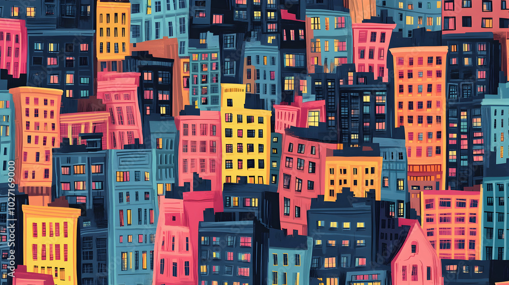 Obraz premium Vibrant seamless pattern showcasing city life, urban scenes, and buildings -