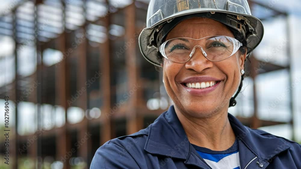 African American female construction worker smiling with steel frame in the background African American female construction worker smiling with steel frame in the background