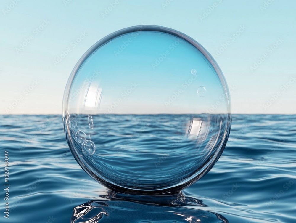 Crystal clear bubble floating on serene ocean surface under blue sky. Crystal clear bubble floating on serene ocean surface under blue sky.