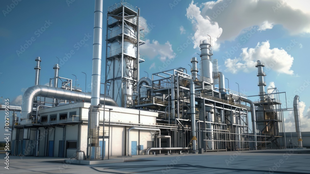 Modern Industrial Refinery Under Blue Sky Modern Industrial Refinery Under Blue Sky