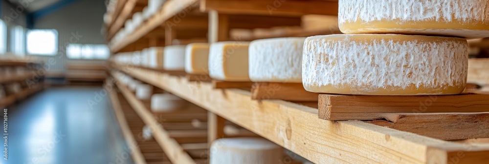 Wheels of Goat's Milk Cheese in a Warmly Lit Factory Wheels of Goat's Milk Cheese in a Warmly Lit Factory