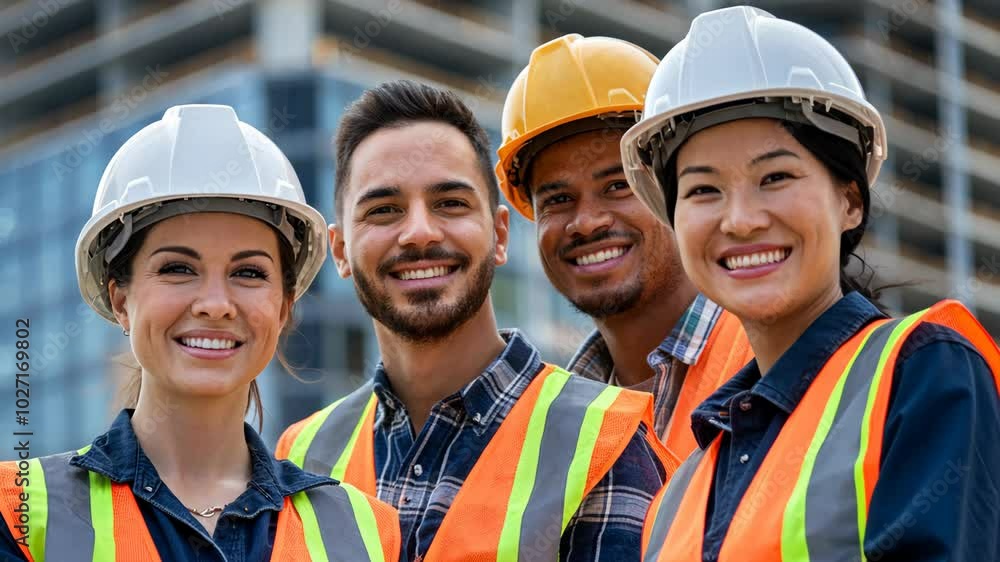 Small group of diverse construction workers smiling confidently at high-rise site Small group of diverse construction workers smiling confidently at high-rise site