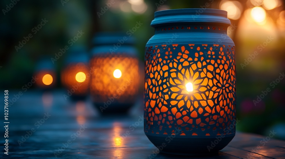 Array of paper graphic Indian lanterns with intricate cutout patterns lit from within set against a bold festive banner background The warm light illuminates the scene creating a serene Diwali feel Array of paper graphic Indian lanterns with intricate cutout patterns lit from within set against a bold festive banner background The warm light illuminates the scene creating a serene Diwali feel