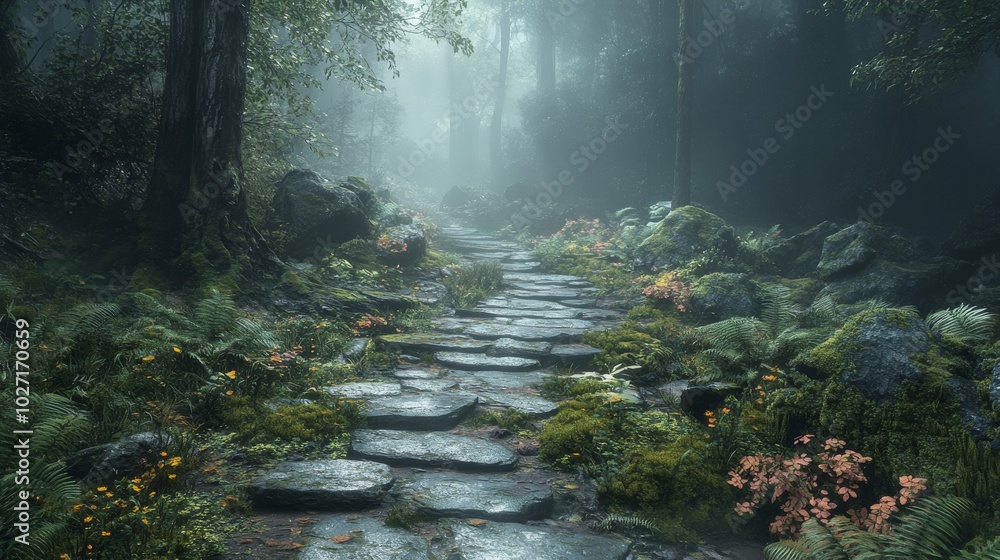 Stone Path Through a Misty Forest Stone Path Through a Misty Forest