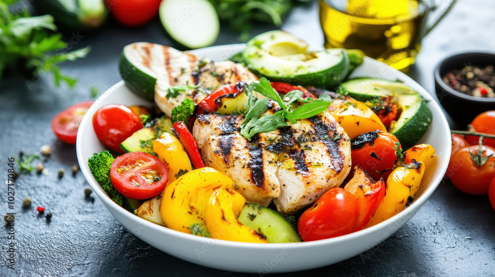 Grilled chicken breast served with colorful fresh vegetables including zucchini, bell peppers, cherry tomatoes, and garnished with herbs Grilled chicken breast served with colorful fresh vegetables including zucchini, bell peppers, cherry tomatoes, and garnished with herbs