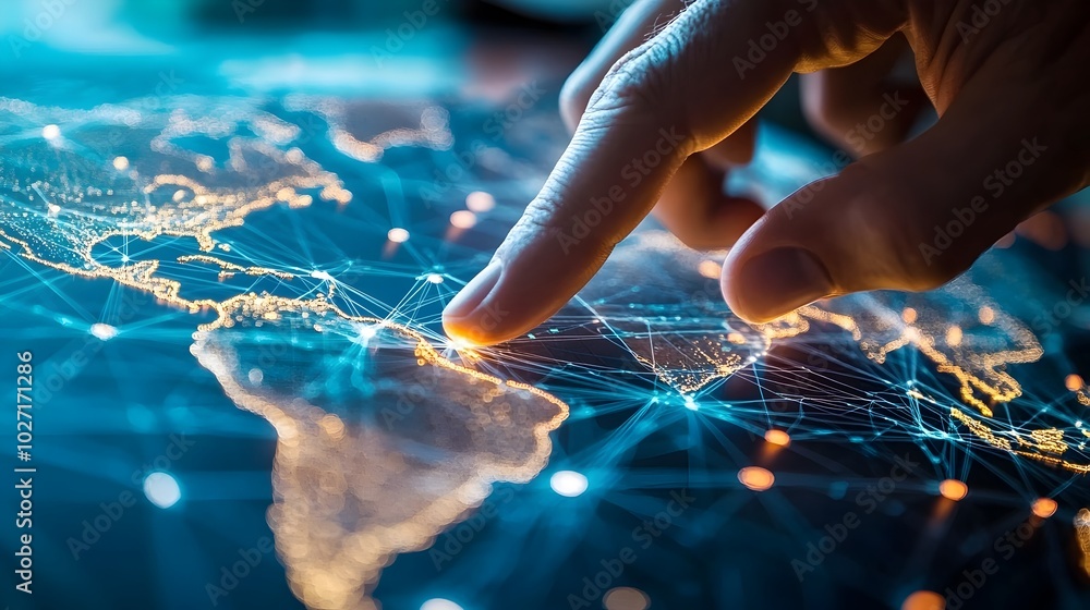 Fototapeta premium Close up of a Leader s Hand Pointing at a Global Communication Network Map