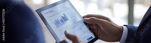 Business executive analyzing quarterly financial reports on digital tablet