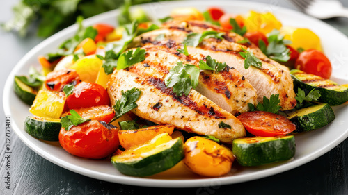 Grilled chicken breast slices served with a colorful variety of roasted vegetables including zucchini, cherry tomatoes, and bell peppers