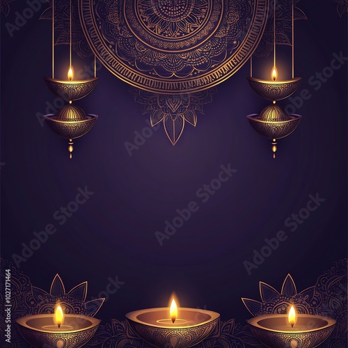 Elegant Diwalithemed vector background with golden mandalas diyas and traditional Indian motifs on a dark purple gradient A large space is left open at the bottom for a Diwali greeting photo