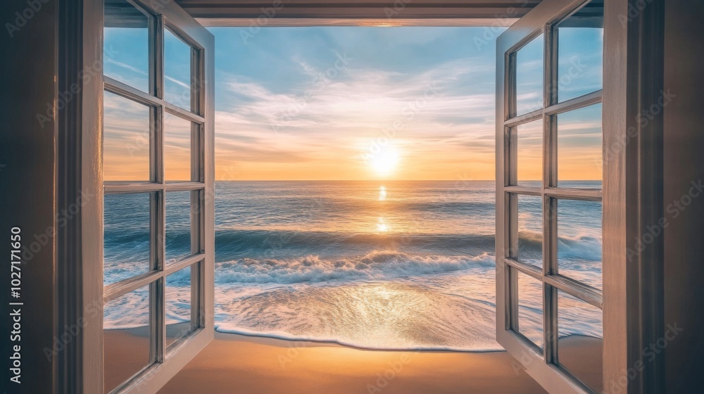 Fototapeta premium A breathtaking sunset over the ocean viewed through an open window.