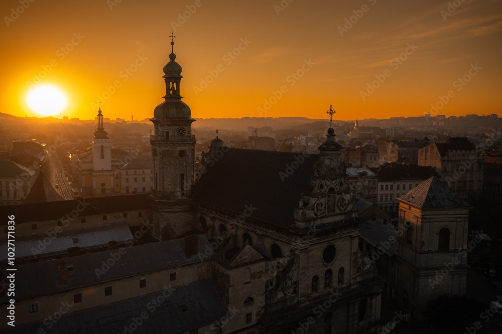 Fototapeta premium Panoramic aerial view on Lviv from drone