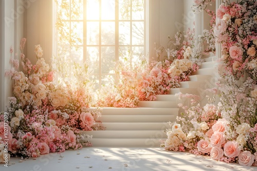 Fototapeta Naklejka Na Ścianę i Meble -  Beautiful wedding backdrop with flowers and staircase generative AI	