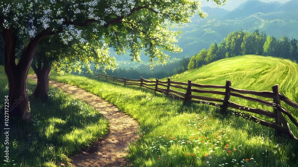 A peaceful scene of a wooden fence winding through a grassy field, with rolling hills and lush greenery in the background. It symbolizes tranquility, nature, rural life, open space, and escape
A peaceful scene of a wooden fence winding through a grassy field, with rolling hills and lush greenery in the background. It symbolizes tranquility, nature, rural life, open space, and escape