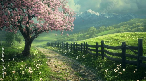 A peaceful scene of a wooden fence winding through a grassy field, with rolling hills and lush greenery in the background. It symbolizes tranquility, nature, rural life, open space, and escape 