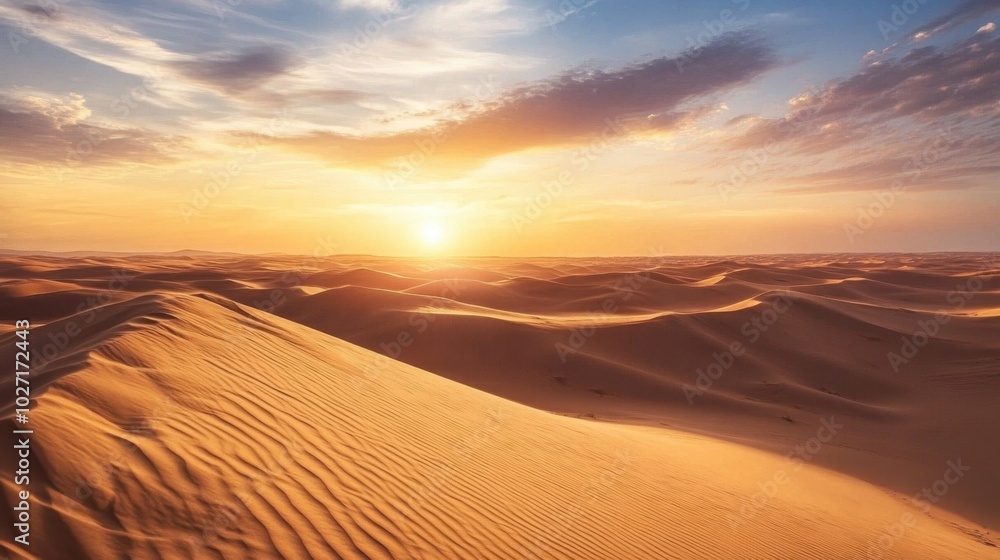 A vast Asian desert landscape with sand dunes stretching into the horizon at sunset A vast Asian desert landscape with sand dunes stretching into the horizon at sunset