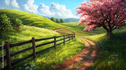 Fenced pasture tree grassy hills background phone natural landscape beauty blossoming path heaven greens wall 