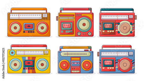 Set of Retro Radio Cassette. Fun Colorful Old Radio Cartoon in Doodle style
