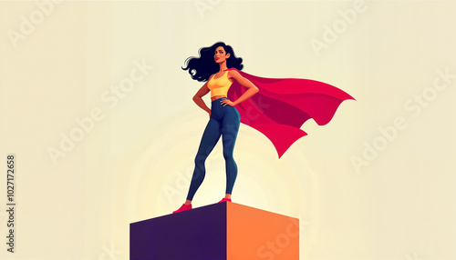 Empowered young woman dressed as a superhero standing proudly on a pedestal with a flowing cape