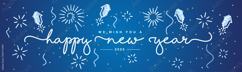 Happy new year 2025 eve line design handwritten typography lettering. 2025 celebration with big fireworks and color confetti on a blue background.ai Happy new year 2025 eve line design handwritten typography lettering. 2025 celebration with big fireworks and color confetti on a blue background.ai