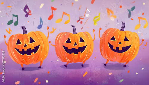 Three animated jack-o'-lantern pumpkins dancing with arms raised, on a purple background with colorful musical notes and confetti. Ideal for Halloween parties, decor, and wallpaper.