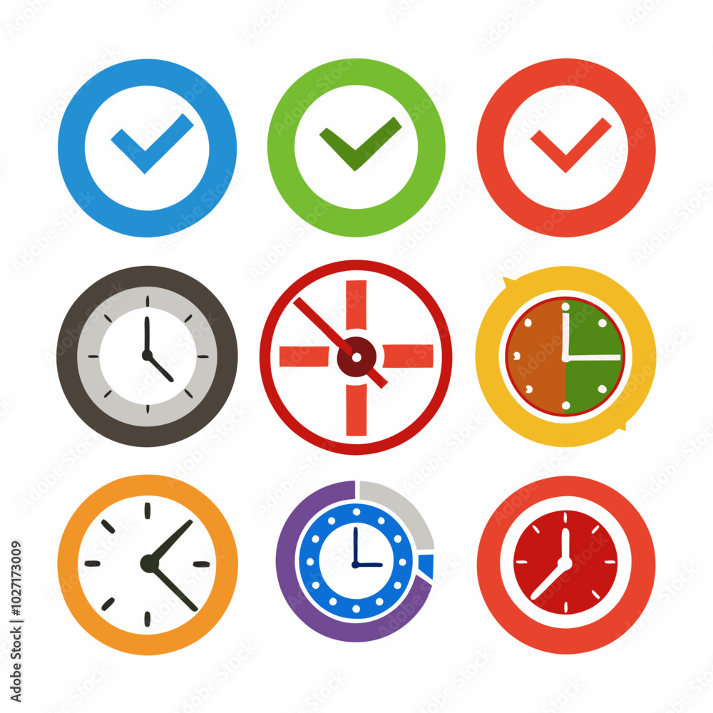 Colorful clocks illustrating daylight saving time changes in abstract minimalist design Colorful clocks illustrating daylight saving time changes in abstract minimalist design
