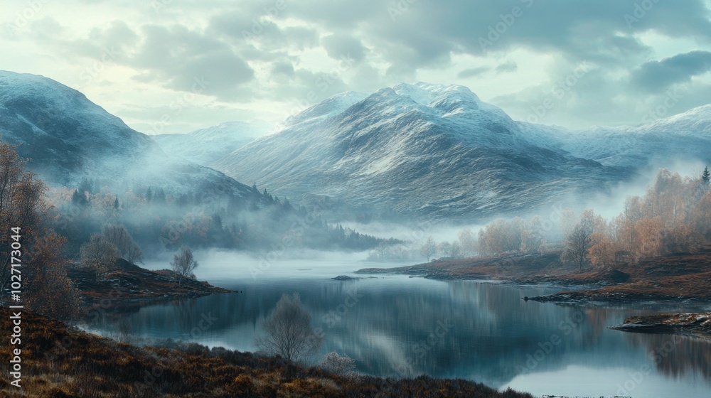 Scenic views of Scottish Highlands with mist-covered mountains and glistening lakes Scenic views of Scottish Highlands with mist-covered mountains and glistening lakes