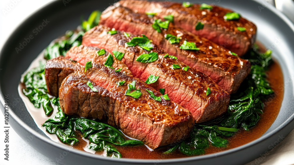 Grilled beef steak sliced and garnished with fresh herbs served on a bed of sautéed spinach with savory sauce Grilled beef steak sliced and garnished with fresh herbs served on a bed of sautéed spinach with savory sauce