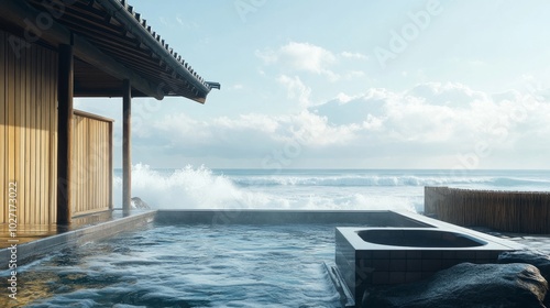 A large outdoor onsen with a view of the sea, waves crashing gently in the background. photo