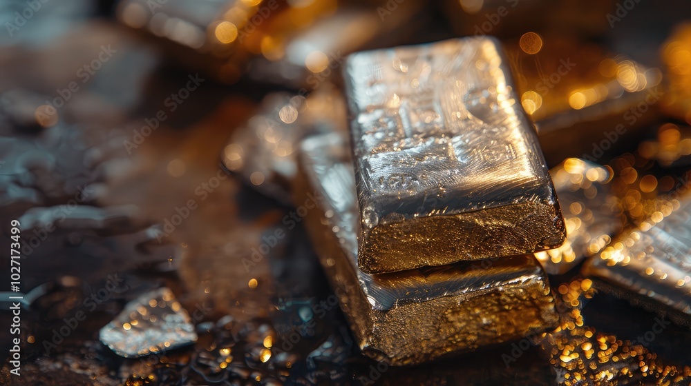Stacked Gold Bars on Wet Surface Stacked Gold Bars on Wet Surface