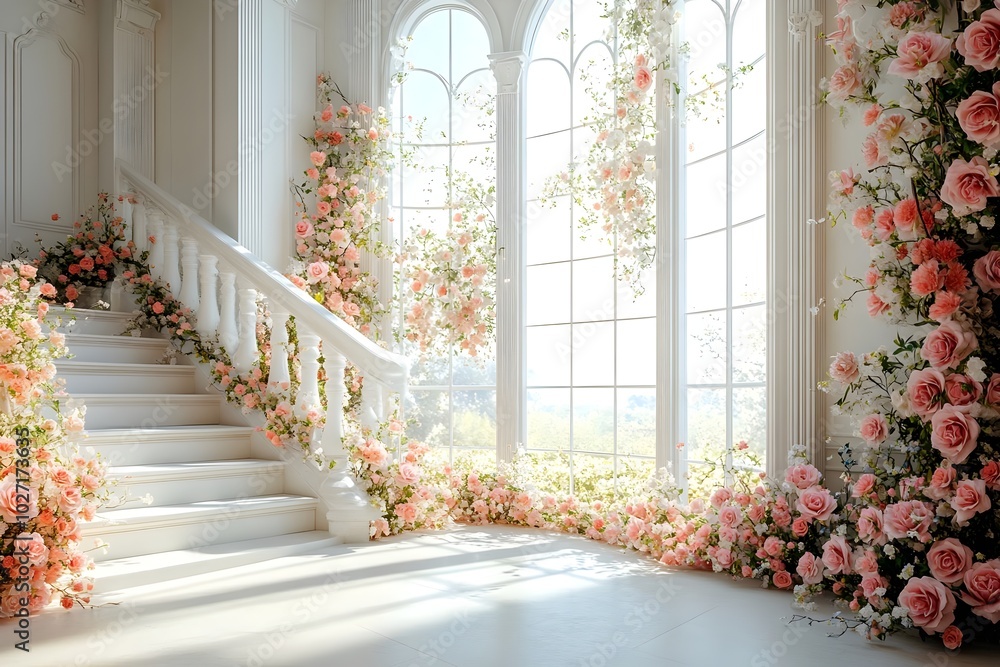 Beautiful wedding backdrop with flowers and staircase generative AI Beautiful wedding backdrop with flowers and staircase generative AI