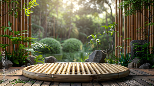 Natural bamboo podium front view focus with berm zen garden photo