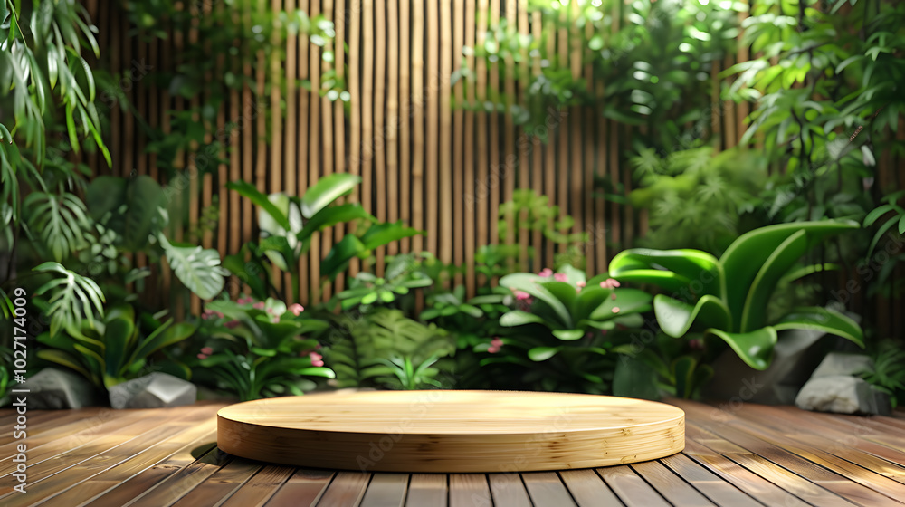 Fototapeta premium Natural bamboo podium front view focus with berm zen garden