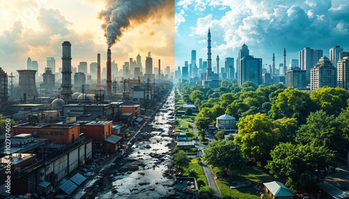 Urban Transformation: Cityscape Contrast Pollution to Green