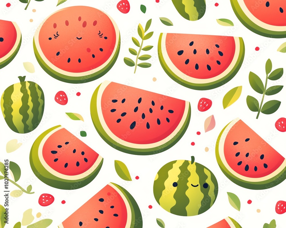 Charming cartoon pattern with whimsical Korean watermelon illustrations, incorporating fun elements and lively colors, perfect for summerthemed designs Charming cartoon pattern with whimsical Korean watermelon illustrations, incorporating fun elements and lively colors, perfect for summerthemed designs