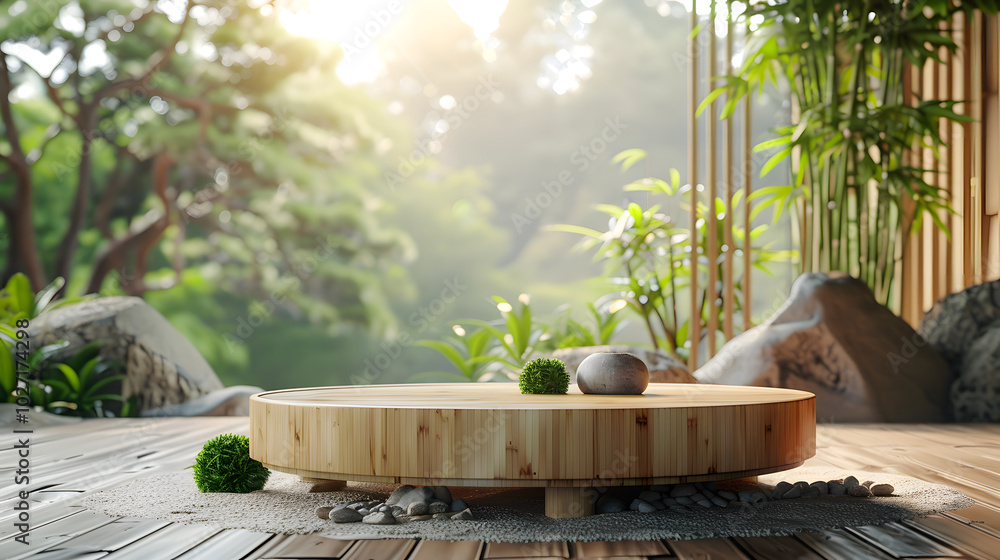Natural bamboo podium front view focus with sand zen garden Natural bamboo podium front view focus with sand zen garden