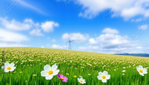 a close up of a field of flowers with a wind turbine in the background, field with grass and flowers