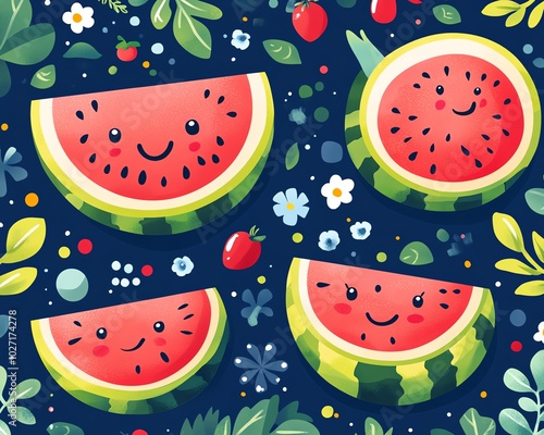 Charming cartoon pattern with whimsical Korean watermelon illustrations, incorporating fun elements and lively colors, perfect for summerthemed designs photo