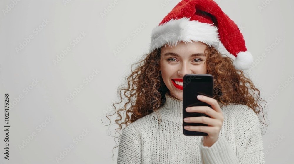 A woman with curly hair is holding a cell phone and smiling A woman with curly hair is holding a cell phone and smiling