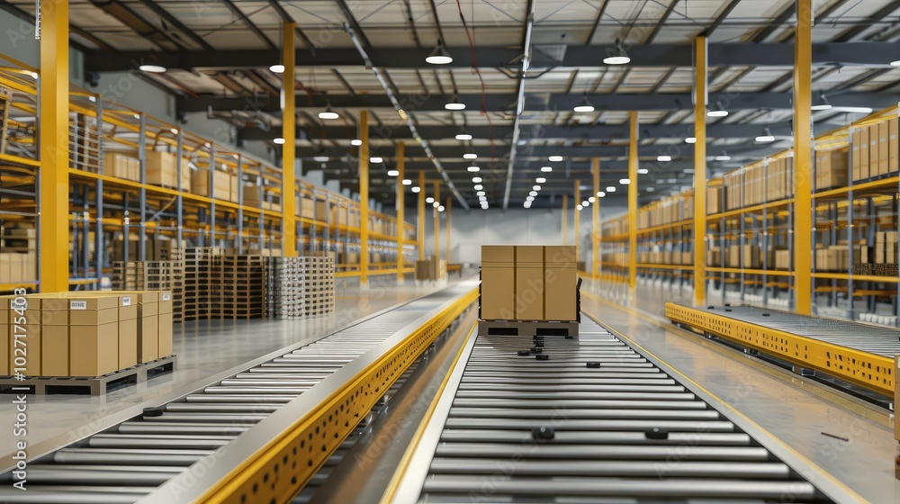 Fototapeta premium Modern Automated Warehouse with Conveyor Belt