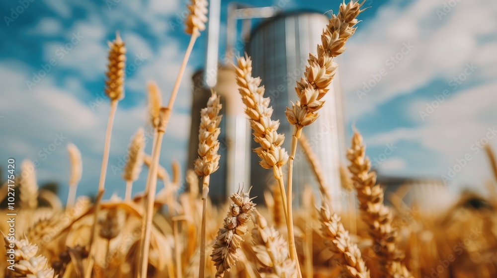 Fototapeta premium Golden Wheat Field with Silo Background