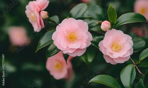 Pink single petaled camellia flowers, Generative AI  photo