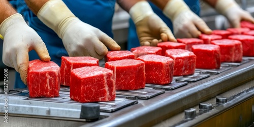 Workers Processing Beef In Meat Factory