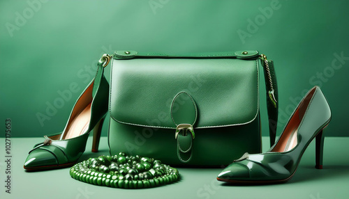 stylish arrangement of green accessories, including shoes, bag, and jewelry, creates vibrant look
