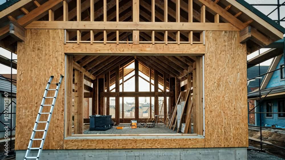 Suburban home under construction with wooden frame and scaffolding Suburban home under construction with wooden frame and scaffolding