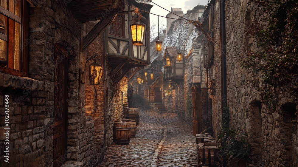 Fototapeta premium A cobblestone street winds through a medieval village, lit by lanterns hanging from the buildings.