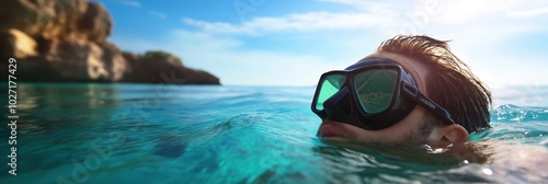 A scuba diver emerges from the clear turquoise water near a rocky shore, epitomizing adventure and exploration in a serene and inviting tropical setting. photo