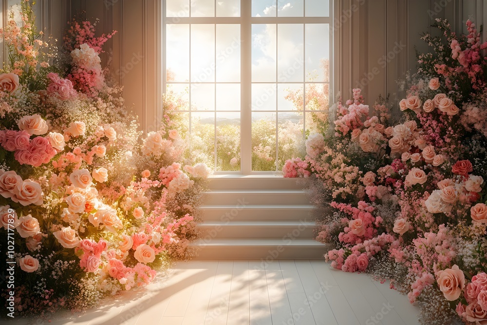 Obraz premium Beautiful wedding backdrop with flowers and staircase generative AI 